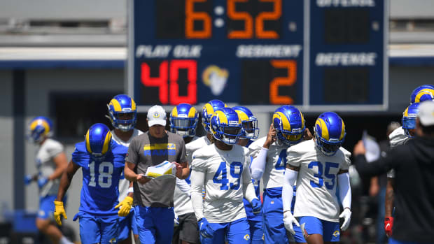 Jun 8, 2021; Thousand Oaks, CA, USA; Los Angeles Rams players go through drills during mini camp held at the team practice facility at Cal State Lutheran. Mandatory Credit: Jayne Kamin-Oncea-USA TODAY Sports